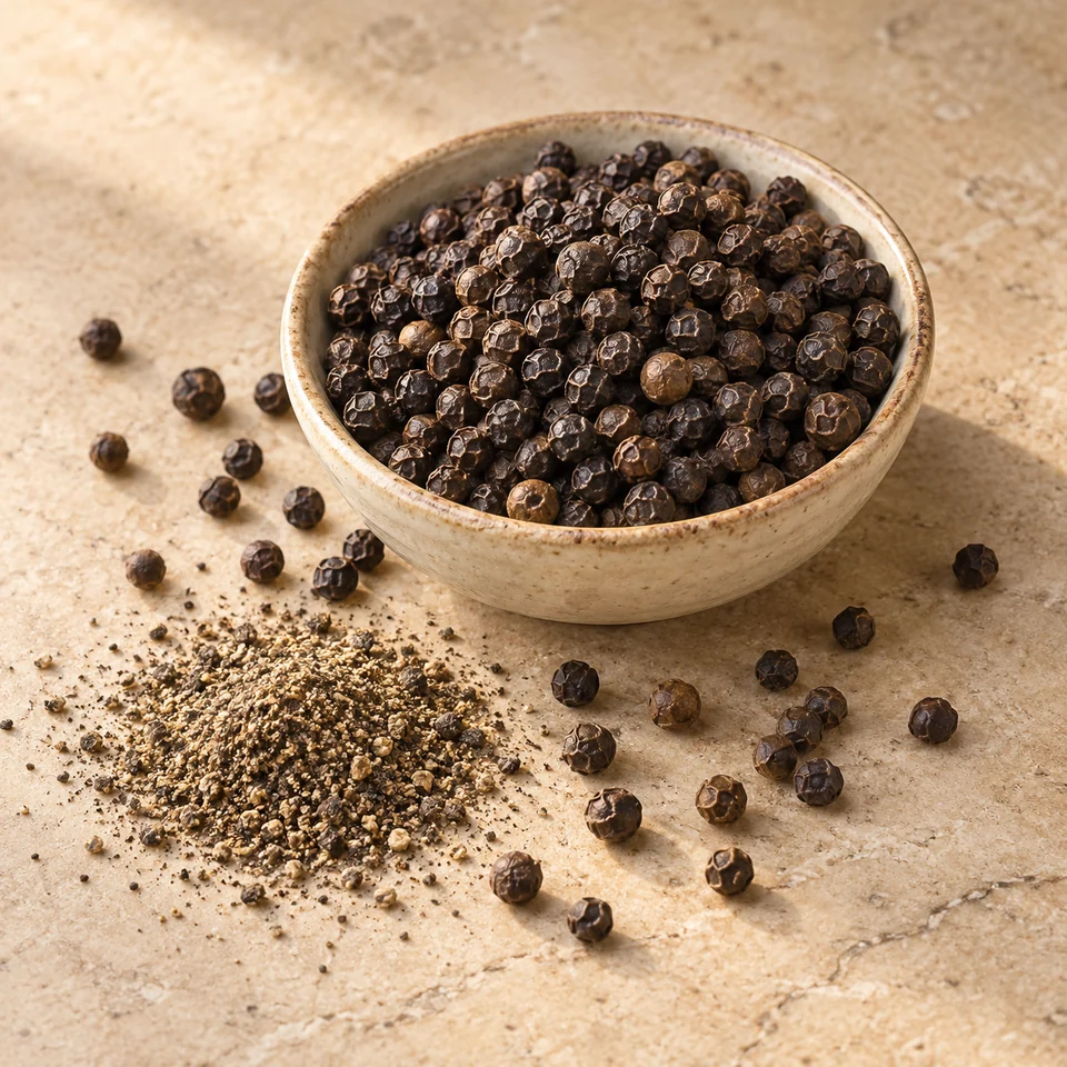 Whole black peppercorns in a ceramic bowl with freshly ground black pepper