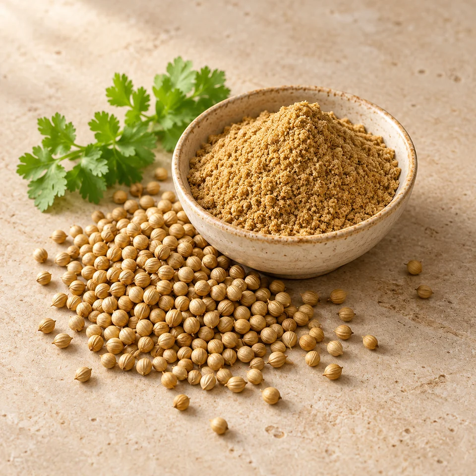 Whole coriander seeds and ground coriander powder with a fresh coriander sprig