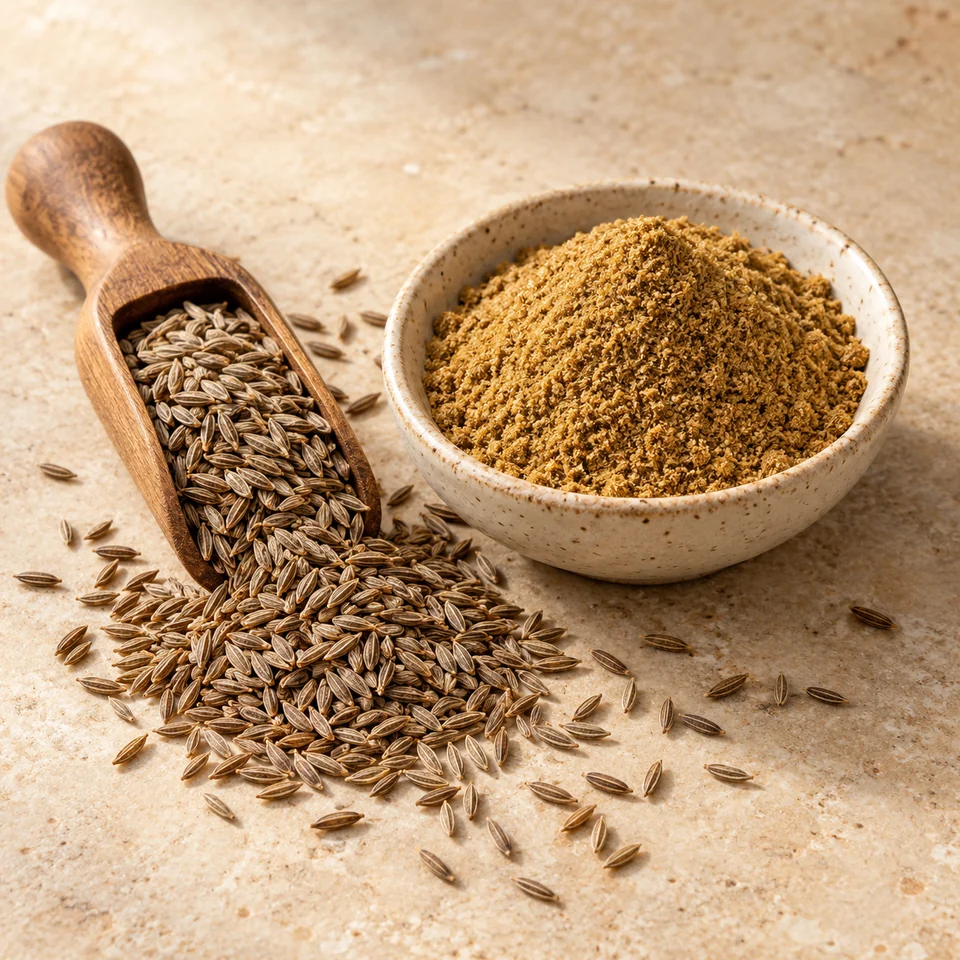 Whole cumin seeds in a wooden scoop beside a bowl of ground cumin