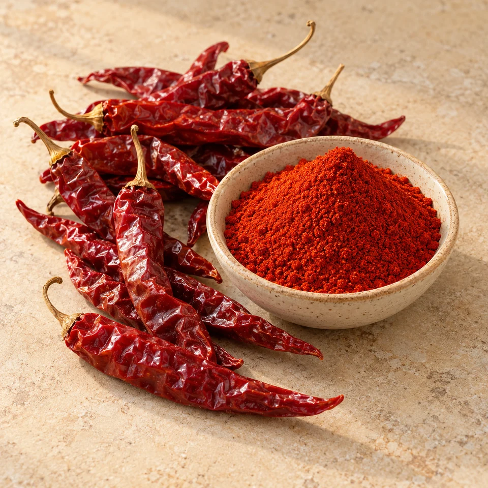 Dried whole red chillies beside a bowl of red chilli powder