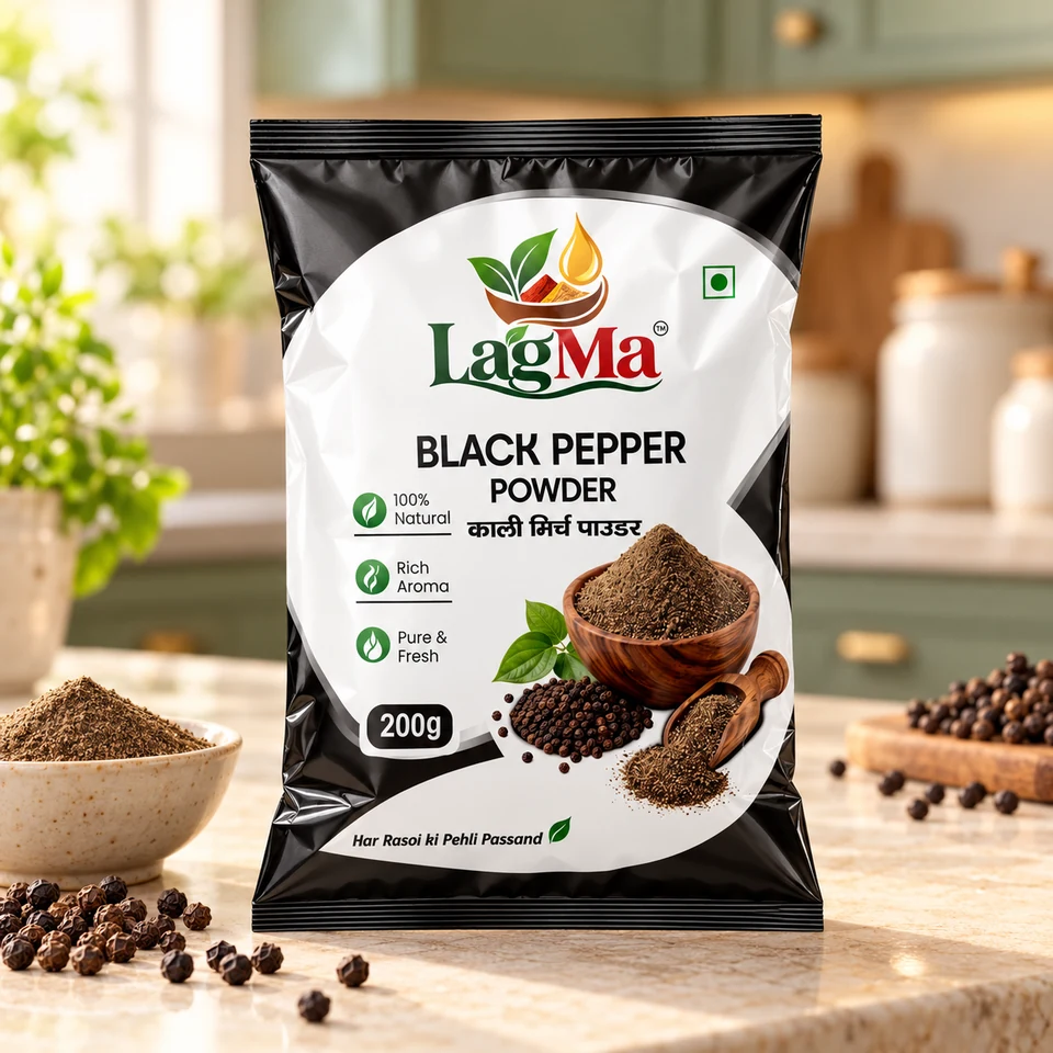 LagMa Black Pepper Powder 200g pouch on a light kitchen counter with matching spices