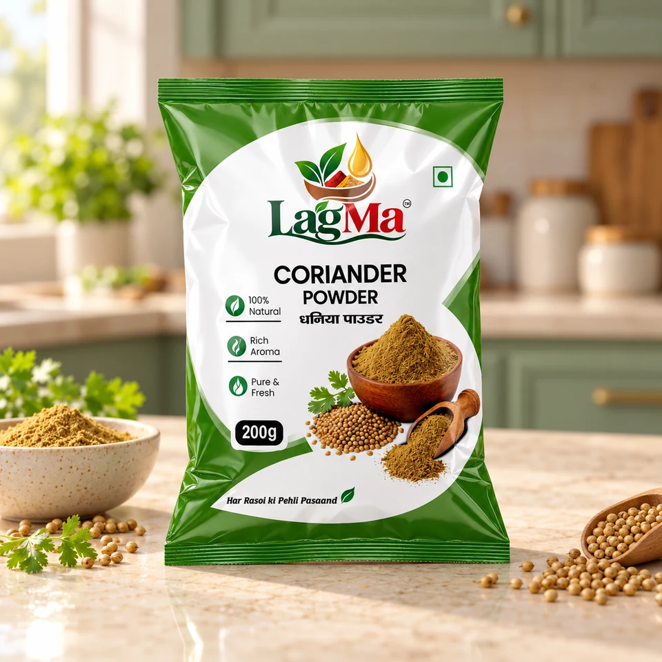 LagMa Coriander Powder 200g pouch on a light kitchen counter with matching spices