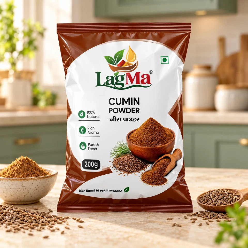 LagMa Cumin Powder 200g pouch on a light kitchen counter with matching spices