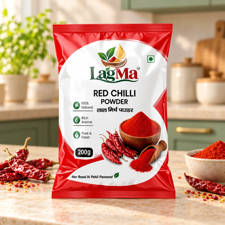 LagMa Red Chilli Powder 200g pouch on a light kitchen counter with matching spices