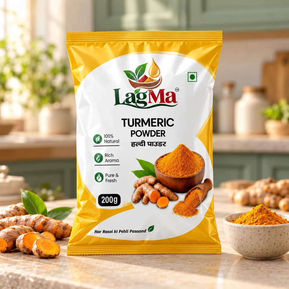 LagMa Turmeric Powder 200g pouch on a light kitchen counter with matching spices