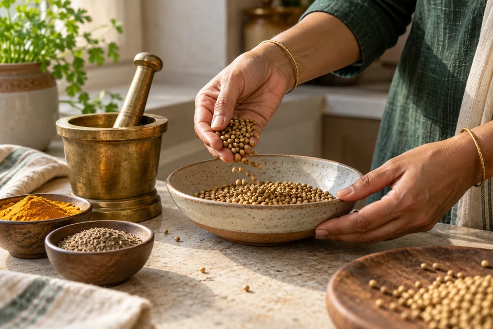 Hands measuring coriander seeds into a ceramic bowl on a warm kitchen worktop