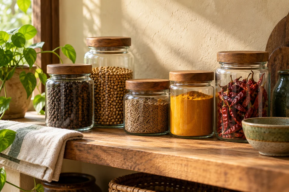 Glass jars of peppercorns, coriander, cumin, turmeric and dried chillies on a sunlit pantry shelf