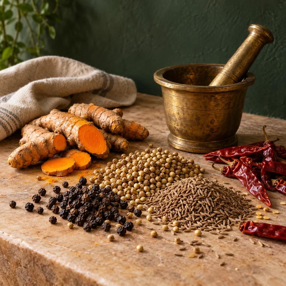 Turmeric roots, coriander, cumin, black pepper and dried red chillies beside a brass mortar